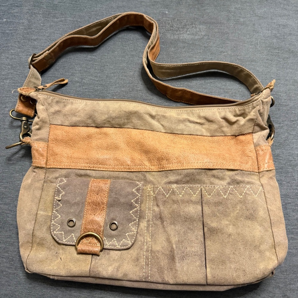 Myra Bag Canvas Leather Crossbody Shoulder Bag Brown Tan Boho Upcycled S-1234